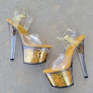 Pleaser 7" Glittery Gold Platform Stiletto Heels Size 6